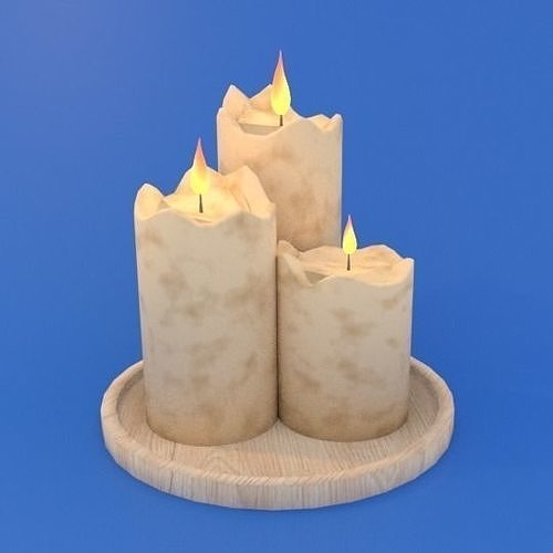 Candle three candles on wooden tray Low-poly 3D model