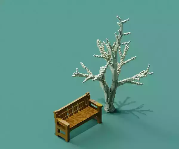 Voxel Bench and Winter Tree 3D Low Poly Low-poly 3D model
