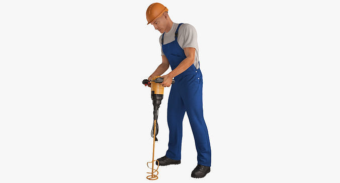 Construction Worker with Hand Held Concrete Paddle Mixer Rigged 3D model