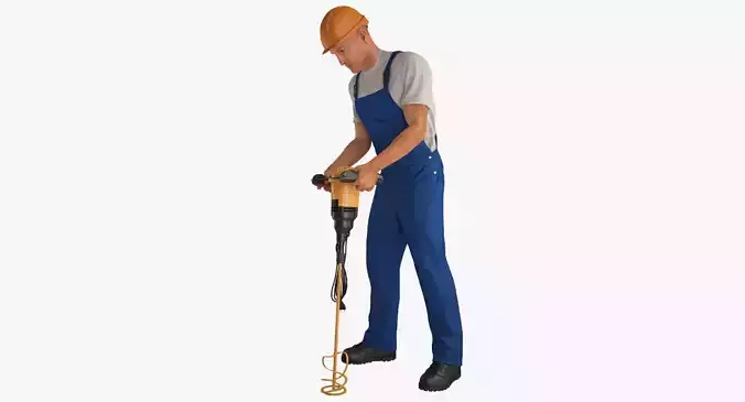 Construction Worker with Hand Held Concrete Paddle Mixer Rigged