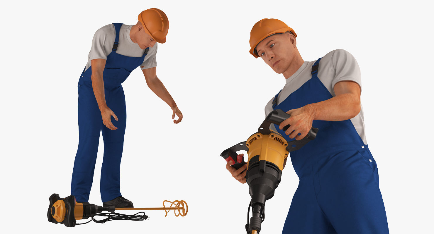 Worker with Handheld Concrete Paddle Mixer Rigged for Maya 3D model