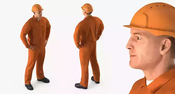 Builder Wearing Orange Coveralls Rigged for Maya