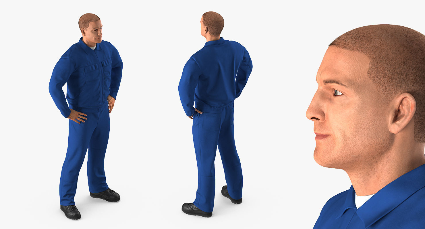 Construction Worker Wearing Blue Overalls Rigged for Maya 3D model_5