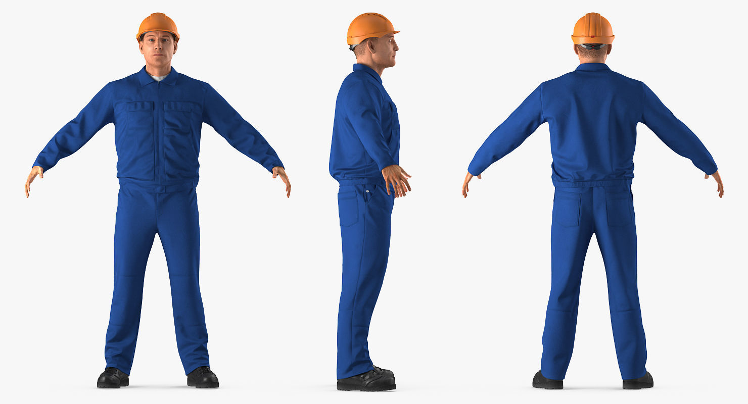 Construction Worker Wearing Blue Overalls Rigged for Maya 3D model_1