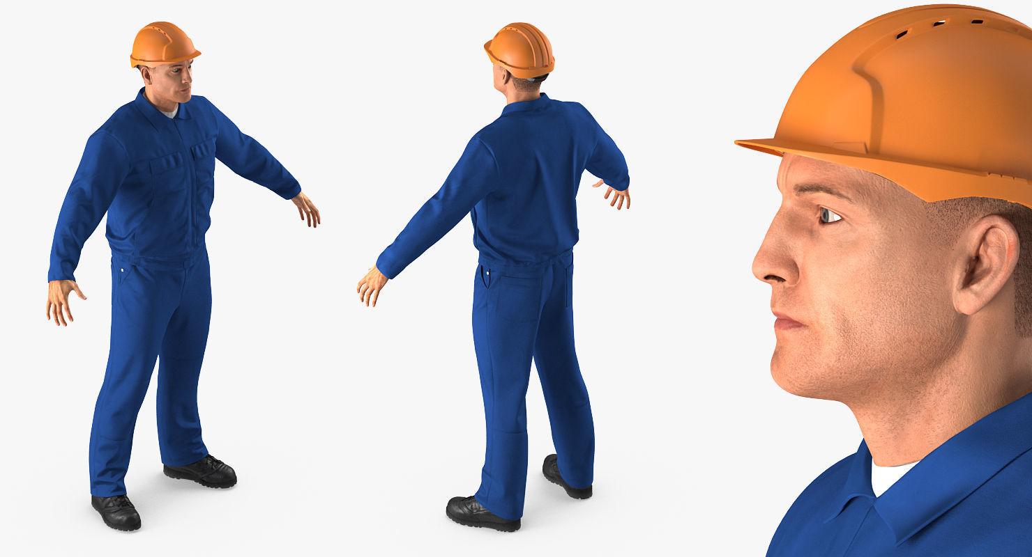 Construction Worker Wearing Blue Overalls Rigged for Maya 3D model_4