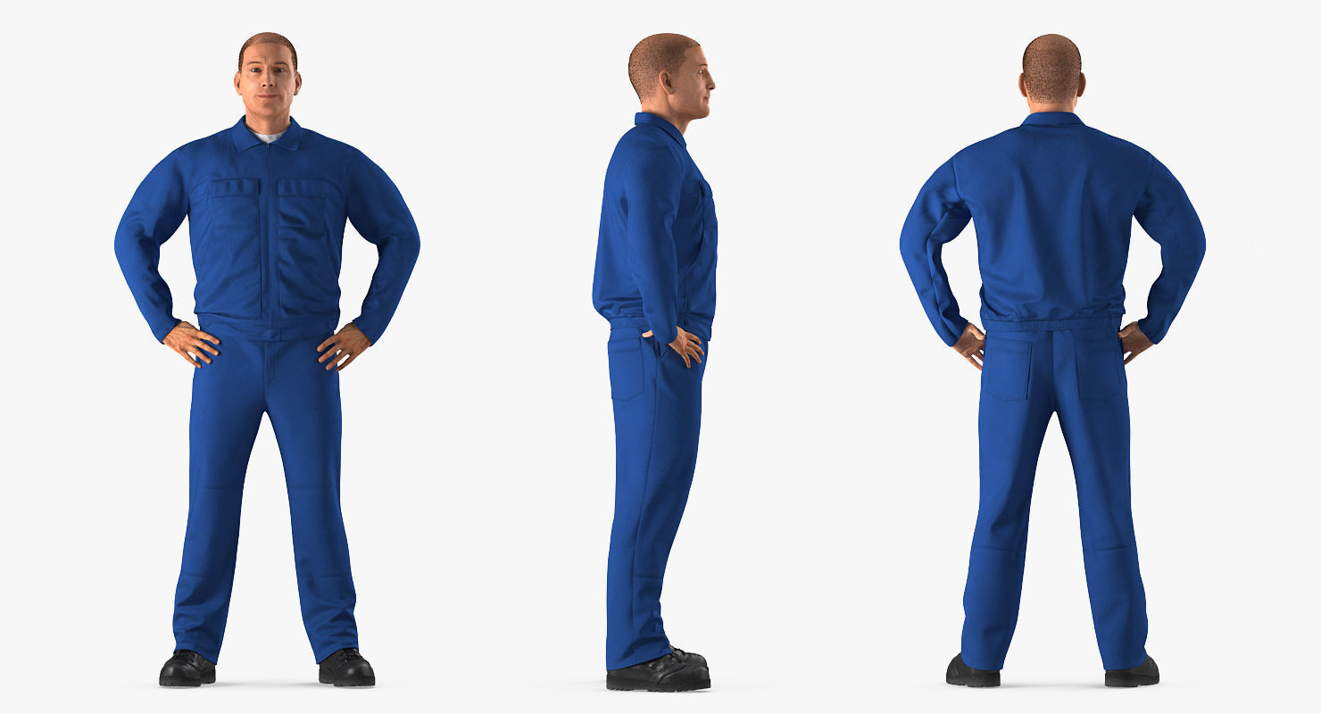 Construction Worker Wearing Blue Overalls Rigged for Maya 3D model_2