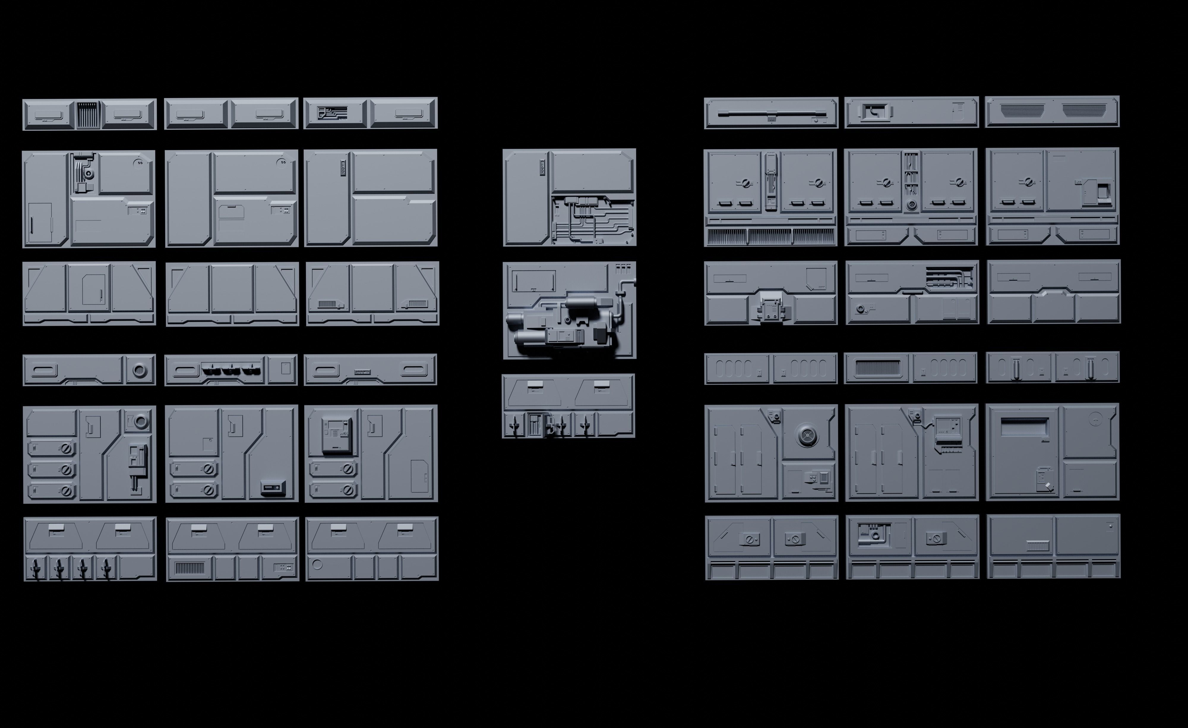 Sci-Fi Wall Panels and Industrial parts Kitbash - 59 Parts 3D Model Collection_1