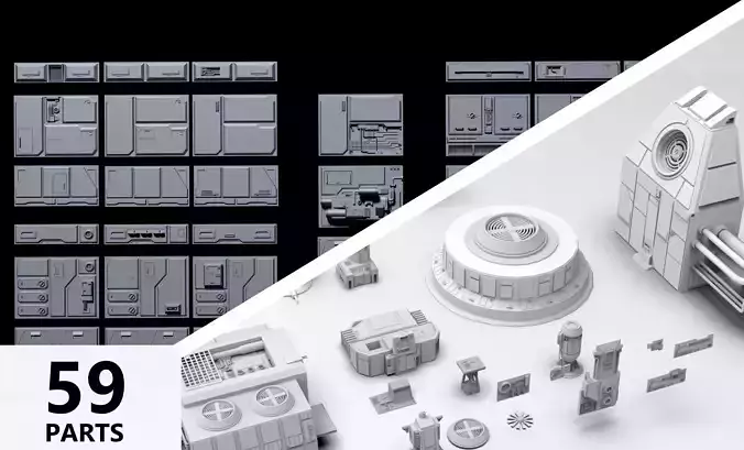 Sci-Fi Wall Panels and Industrial parts Kitbash - 59 Parts  3D Model Collection