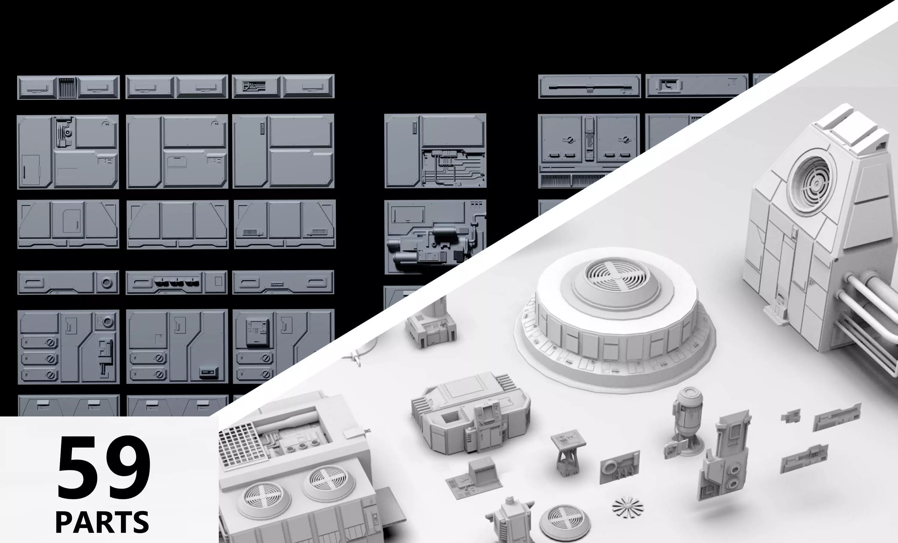 Sci-Fi Wall Panels and Industrial parts Kitbash - 59 Parts 3D Model Collection_0