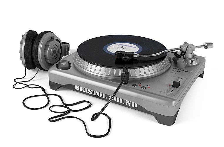 Silver And Black Turntable With Headphones