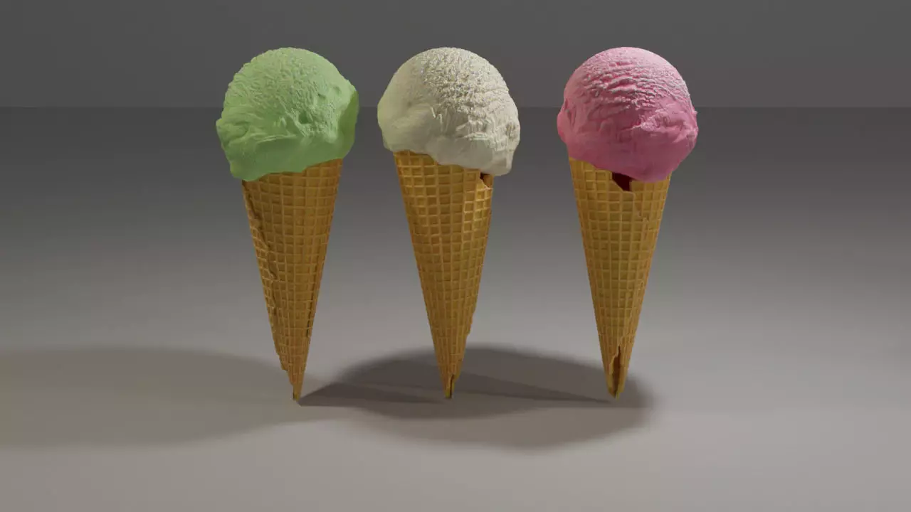 Icecream three different colored ice cream cones Low-poly 3D model_0