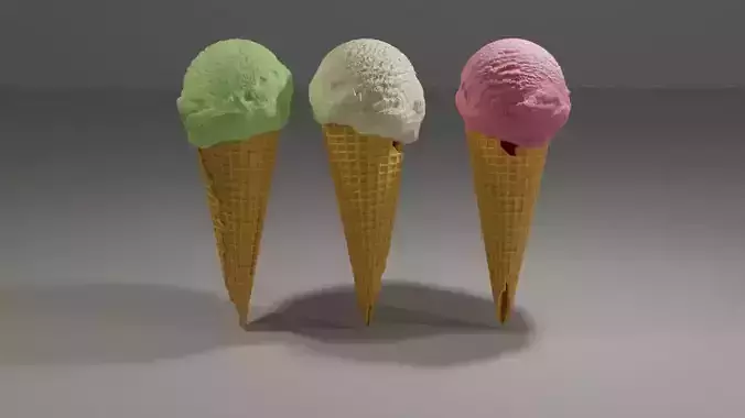 Icecream three different colored ice cream cones Low-poly 3D model
