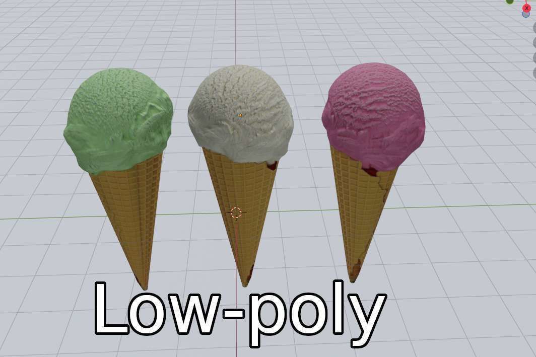 Icecream three different colored ice cream cones Low-poly 3D model_4
