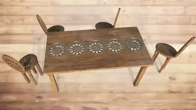 Table and 4 chairs with an openwork pattern low-poly 3D model