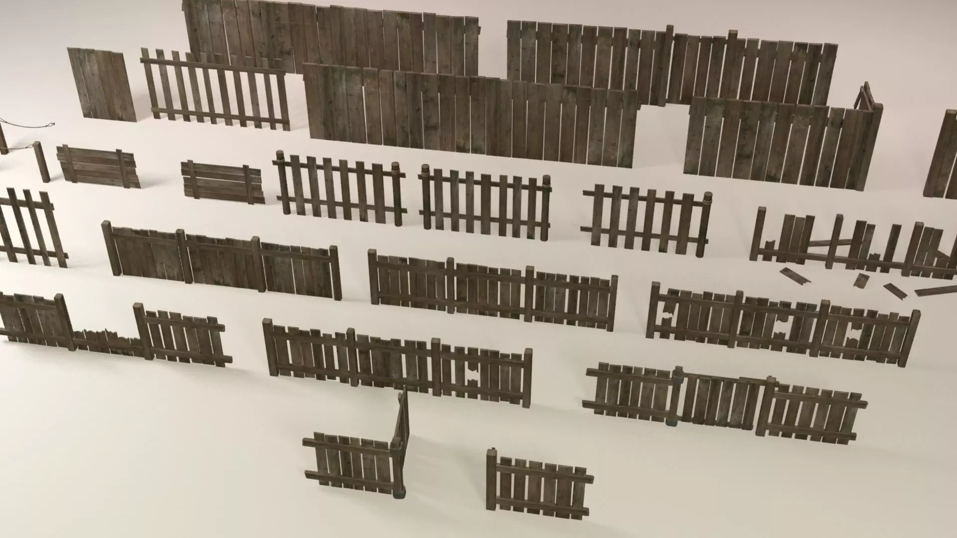 Wooden fences modular collection Low-poly 3D model