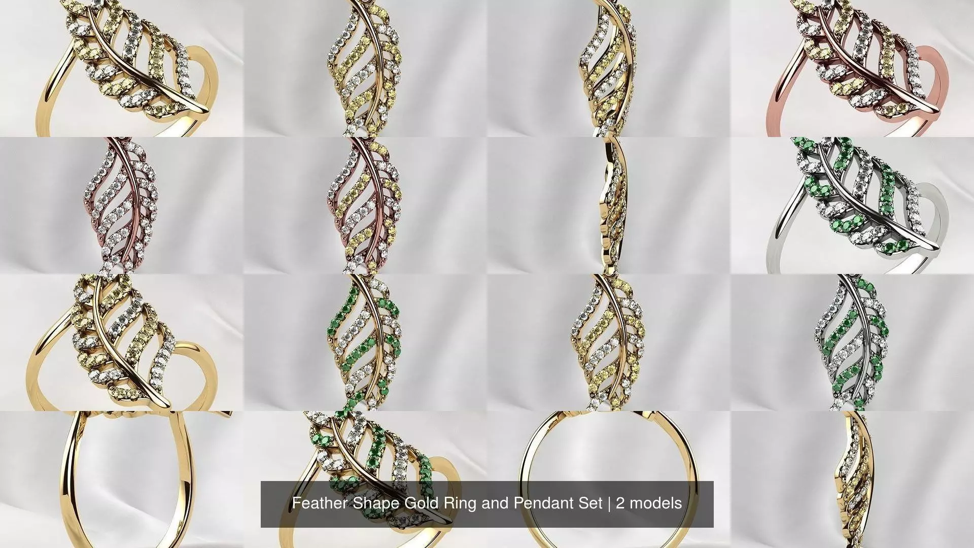 Feather Shape Gold Ring and Pendant Set 3D Model Collection_0