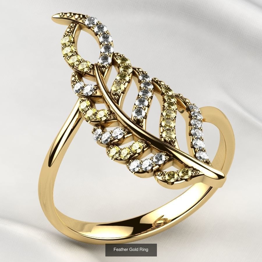 Feather Shape Gold Ring and Pendant Set 3D Model Collection_1