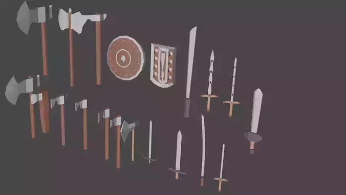 Medieval weapons collection Low poly style shading 22 meele