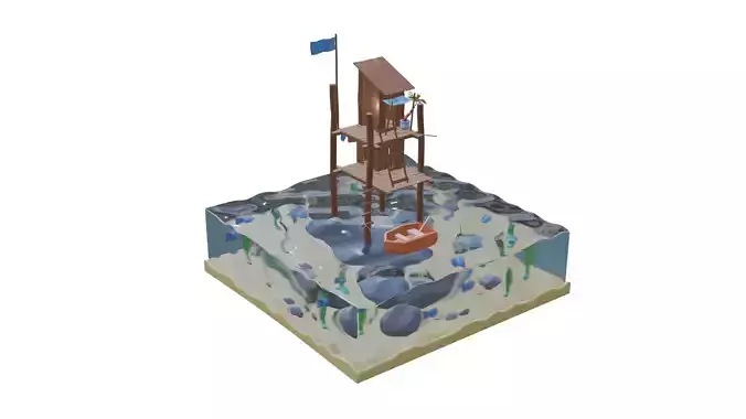 A small wooden house on the water