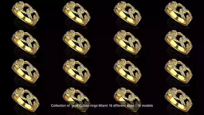 Collection of  gold Cuban rings Miami 16 different sizes 