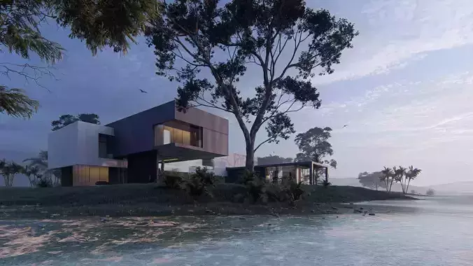 Modern beach house with 3d grass Revit free basic furniture 3D model