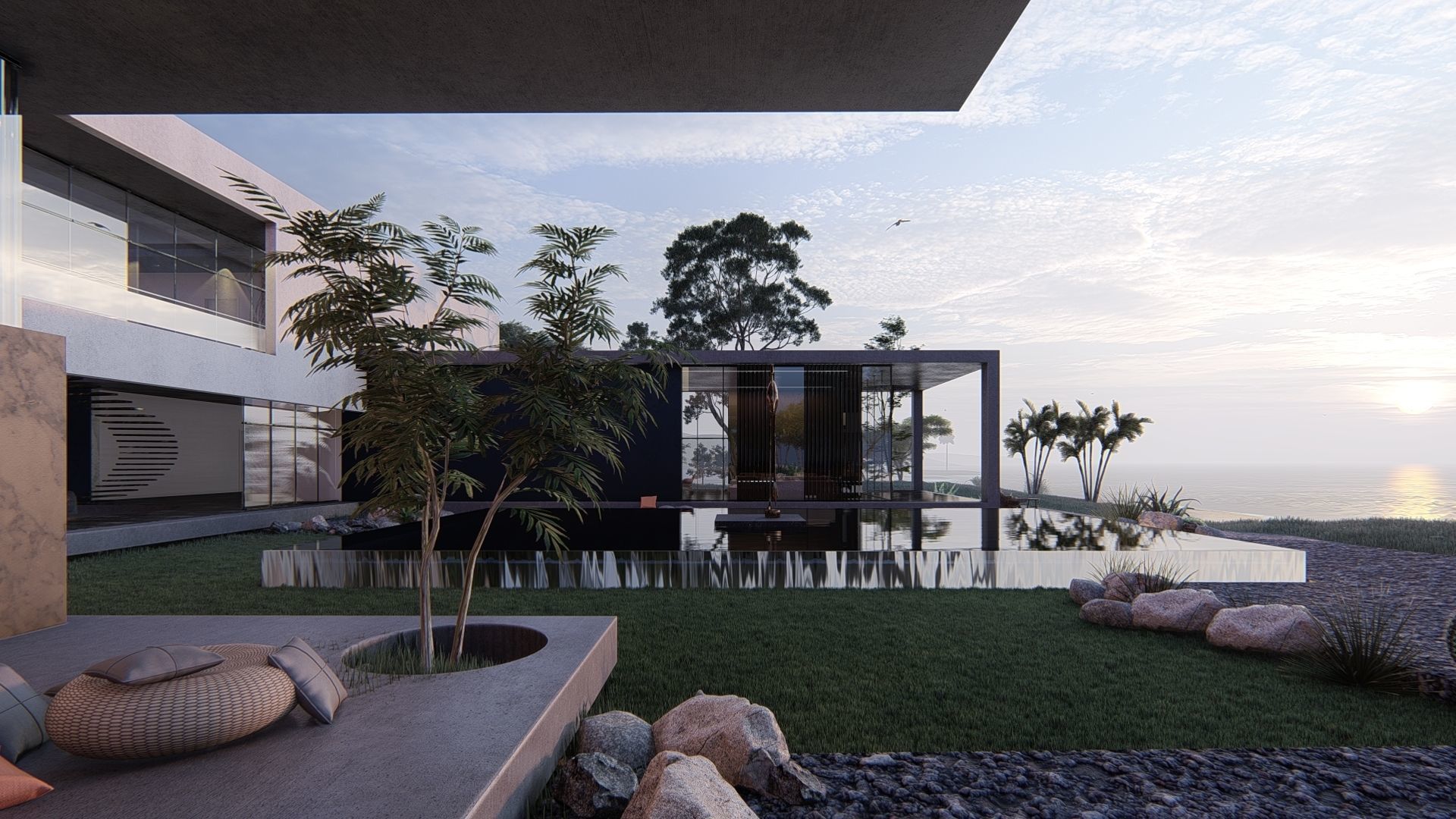 Modern beach house with 3d grass Revit free basic furniture 3D model_5