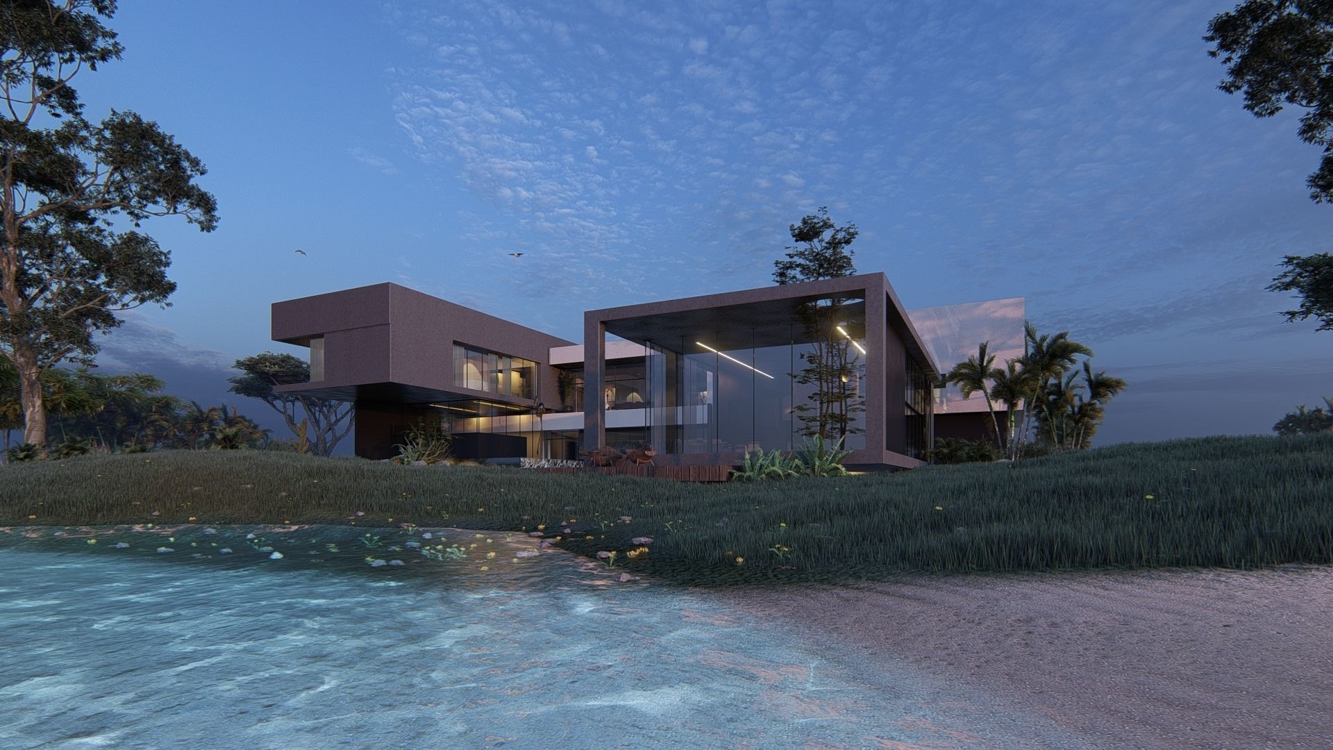 Modern beach house with 3d grass Revit free basic furniture 3D model_7