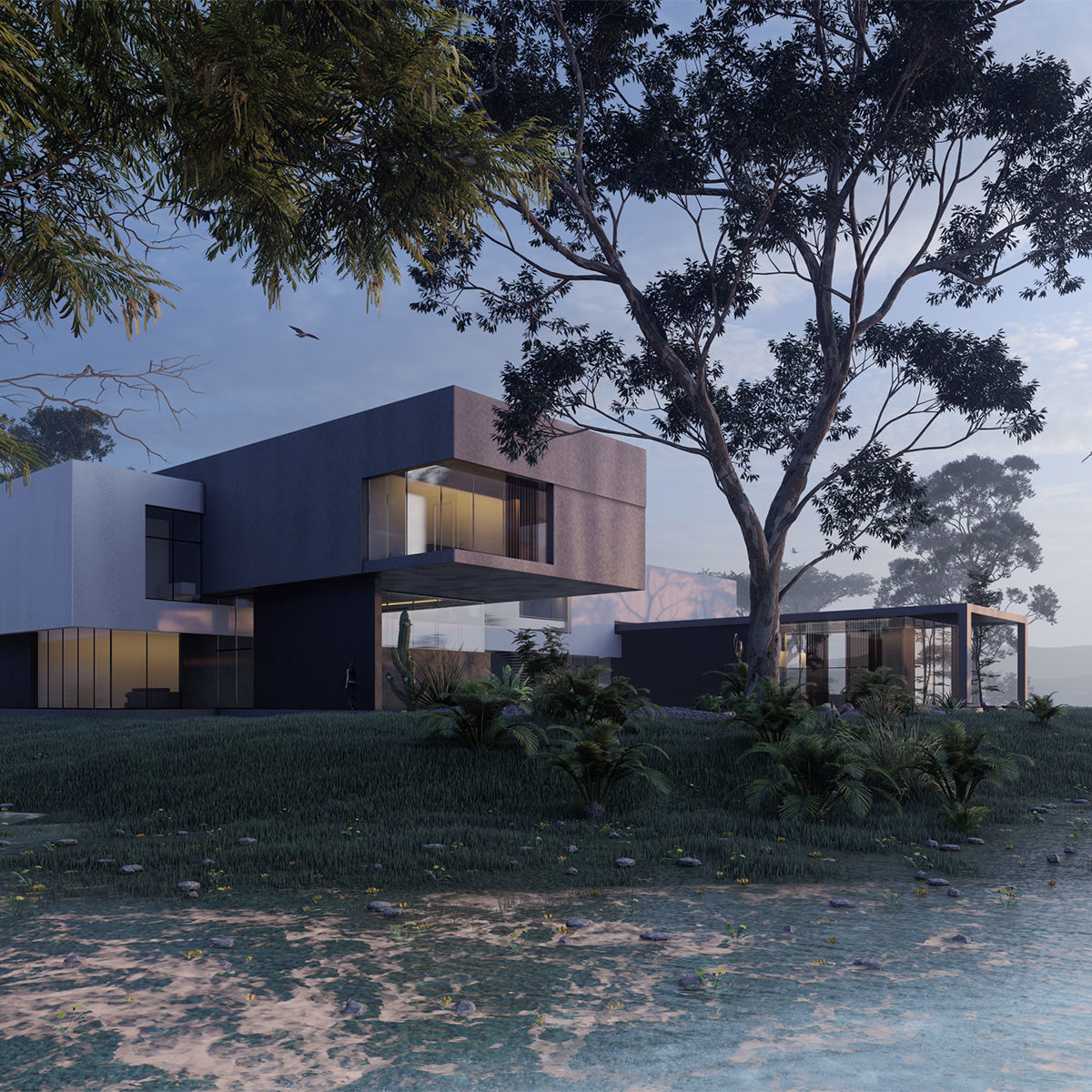 Modern beach house with 3d grass Revit free basic furniture 3D model_9