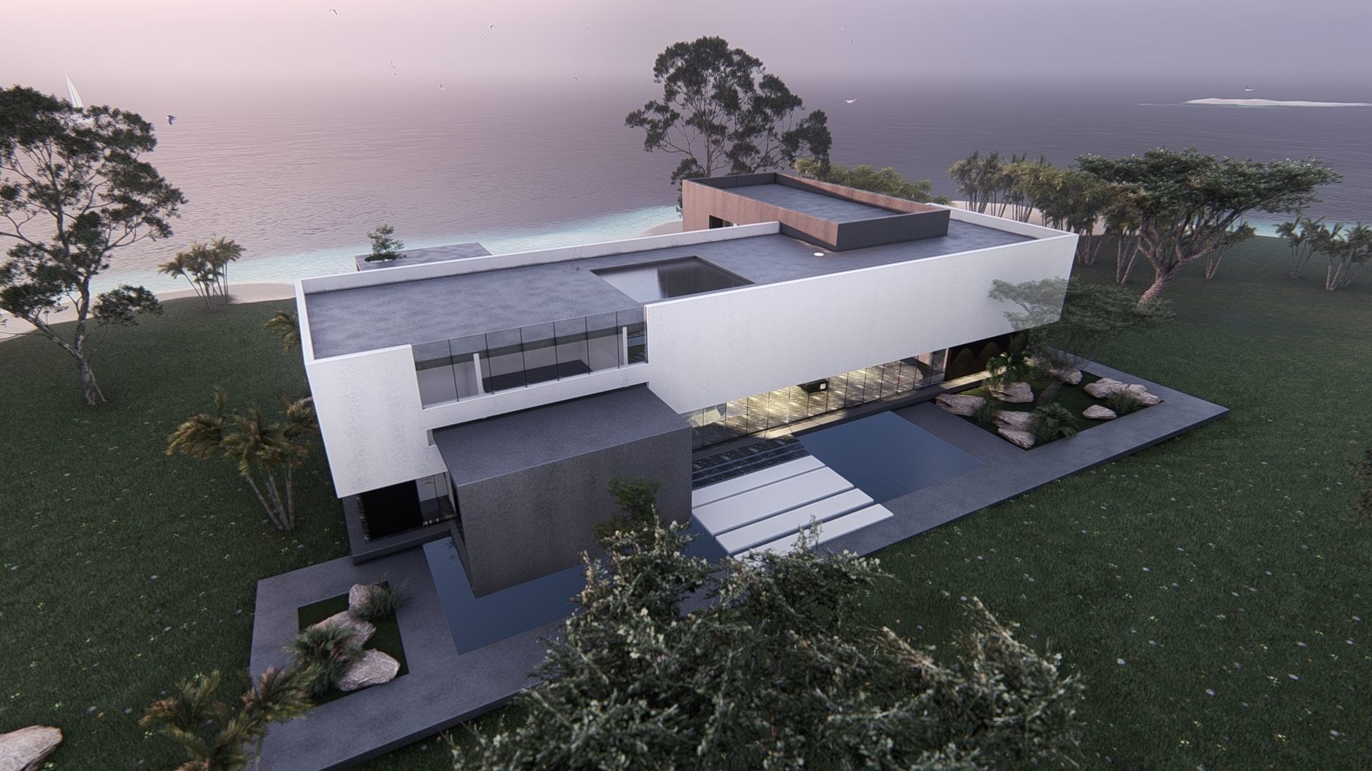 Modern beach house with 3d grass Revit free basic furniture 3D model_8