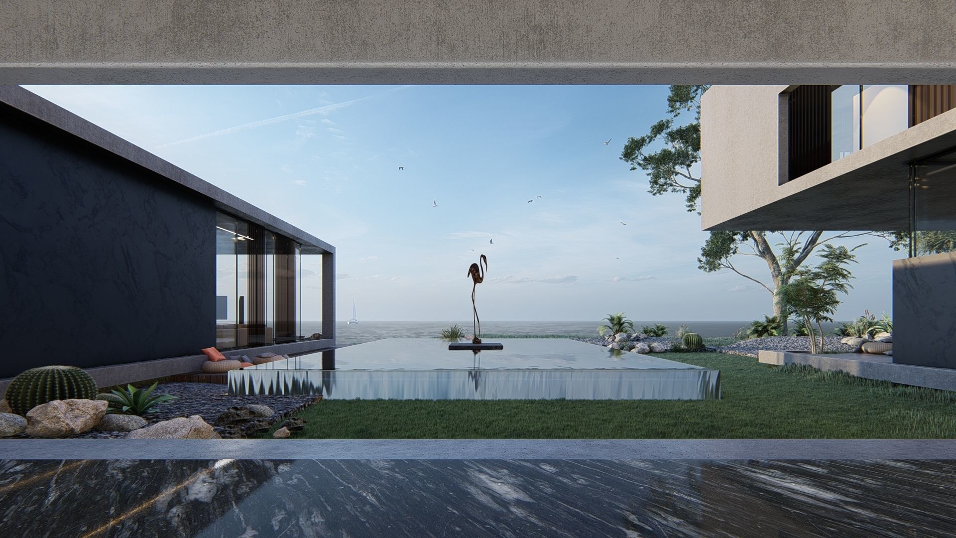 Modern beach house with 3d grass Revit free basic furniture 3D model_6