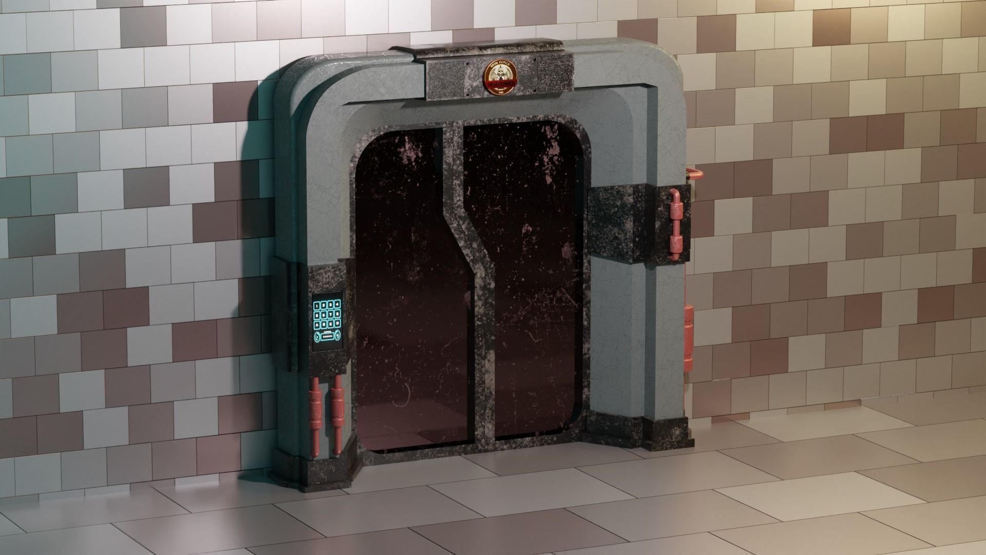 Sci-Fi Rigged Door with Call of Duty Taskforce 141 3D logo Low-poly 3D model_4