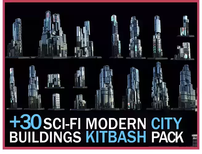 30 Sci Fi Futuristic Modern City Building Pack Kitbash Bundle 3D Model Collection