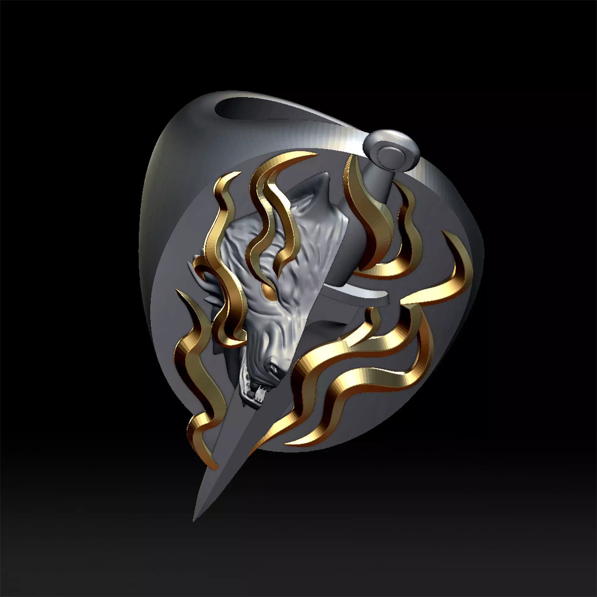 Wolf and dagger ring 3D print model_0