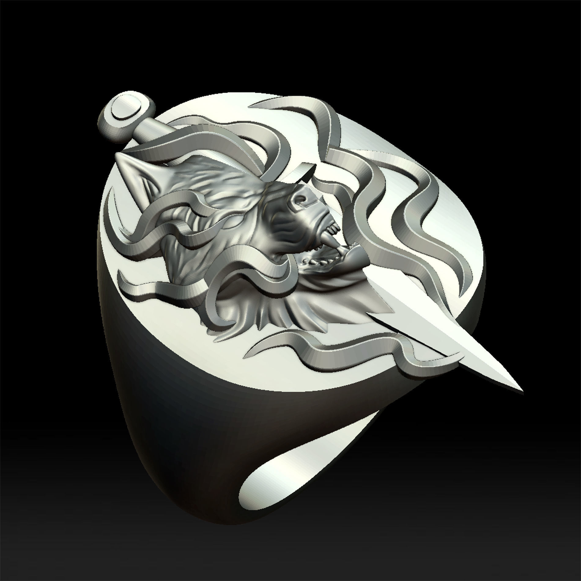 Wolf and dagger ring 3D print model_4