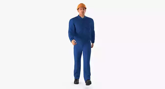 Worker In Blue Overalls with Hardhat Walking Pose