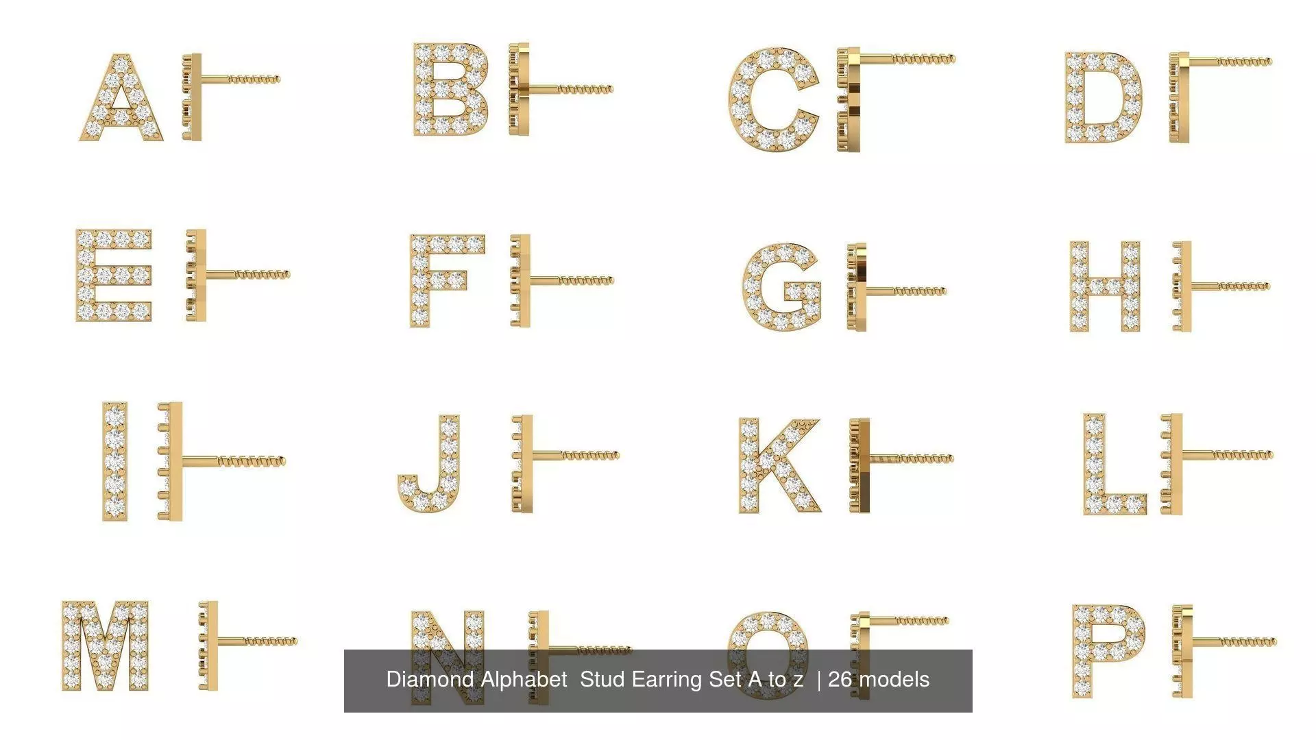 Diamond Alphabet  Stud Earring Set A to z  3D Model Collection_0