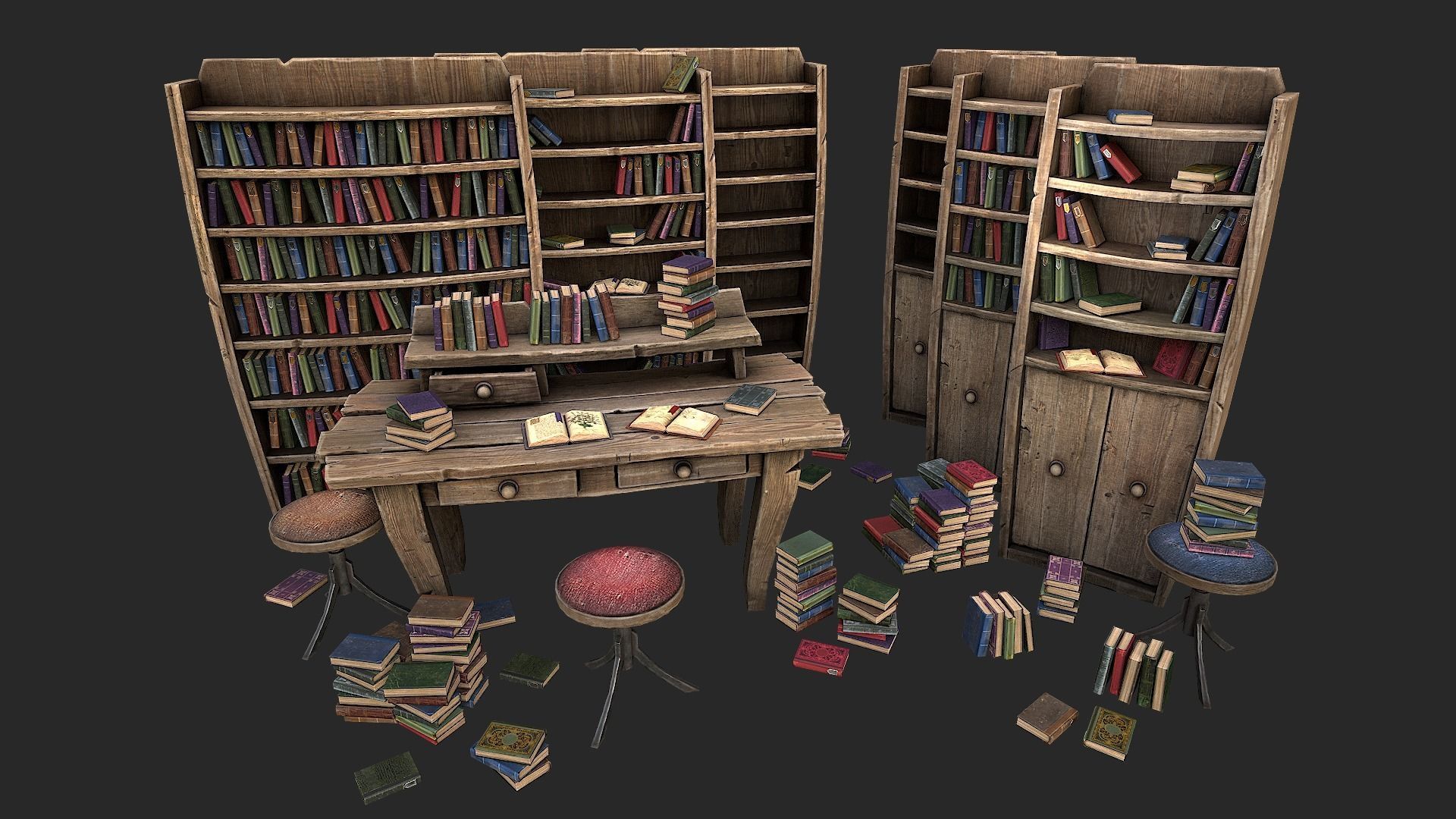 Medieval Library Furniture Set Low-poly 3D model_2