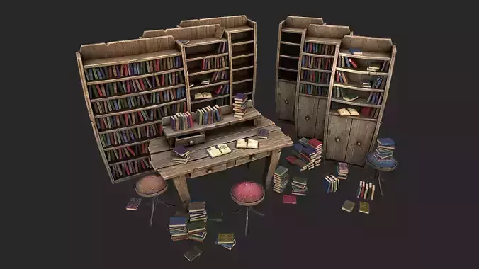 Medieval Library Furniture Set Low-poly 3D model