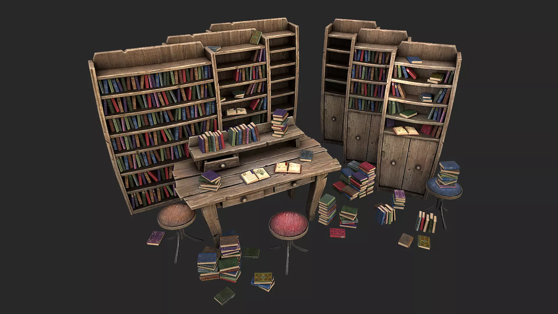 Medieval Library Furniture Set Low-poly 3D model_0