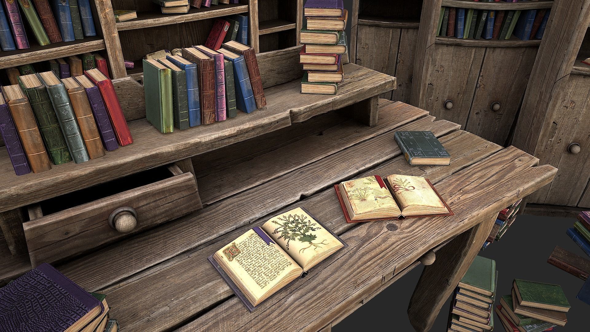 Medieval Library Furniture Set Low-poly 3D model_3