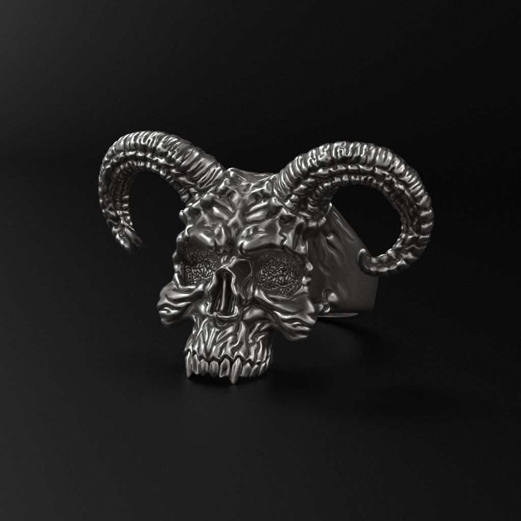 Ring Skull with Horns ztl stl obj 3D print model_2