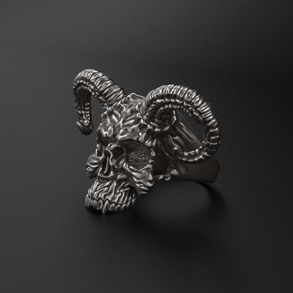 Ring Skull with Horns ztl stl obj 3D print model_3