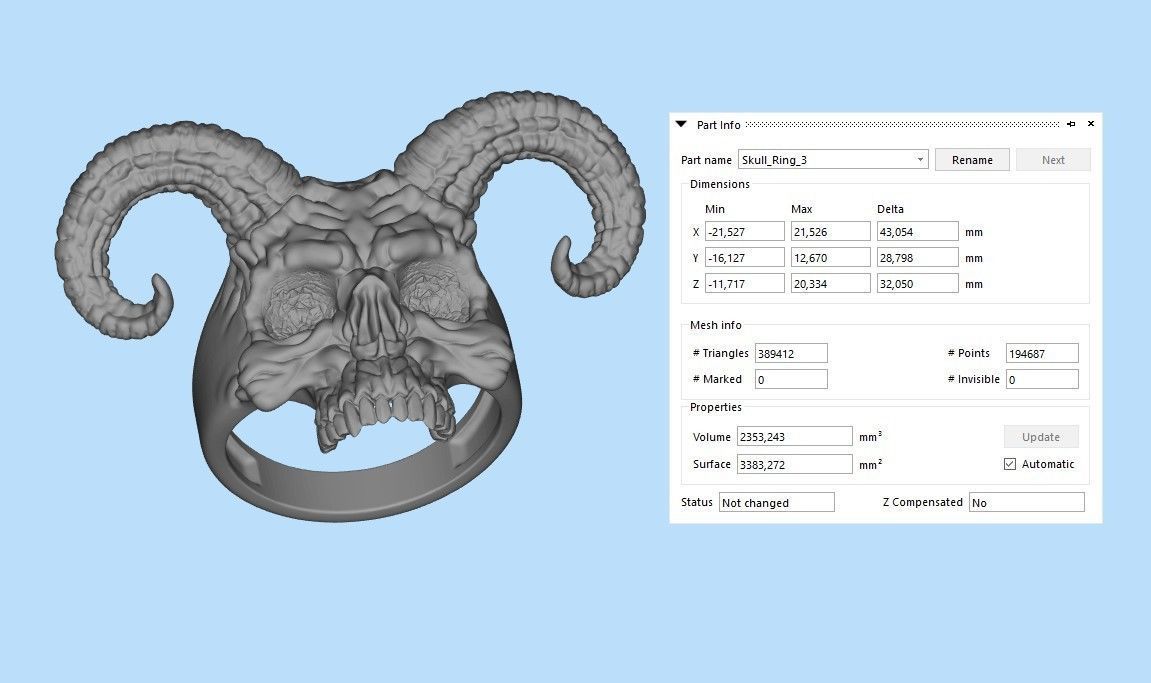 Ring Skull with Horns ztl stl obj 3D print model_7