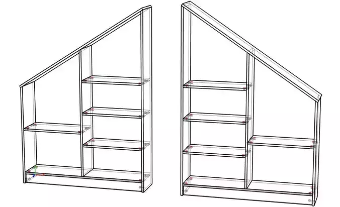 angular pair of bookshelves with shelves on each side 3D model