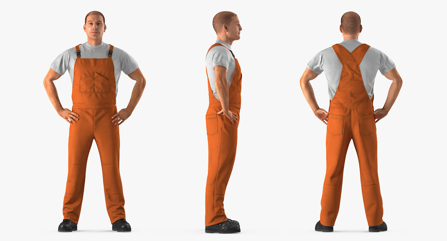 Worker In Orange Overalls Rigged for Maya 3D model_2
