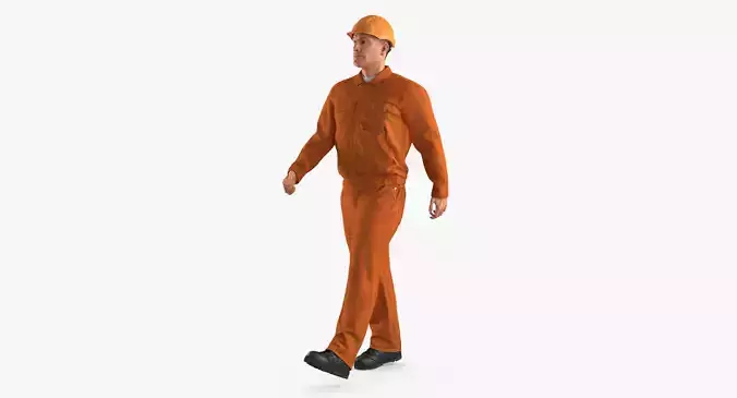 Worker Orange Uniform with Hardhat Walking Pose 3D model