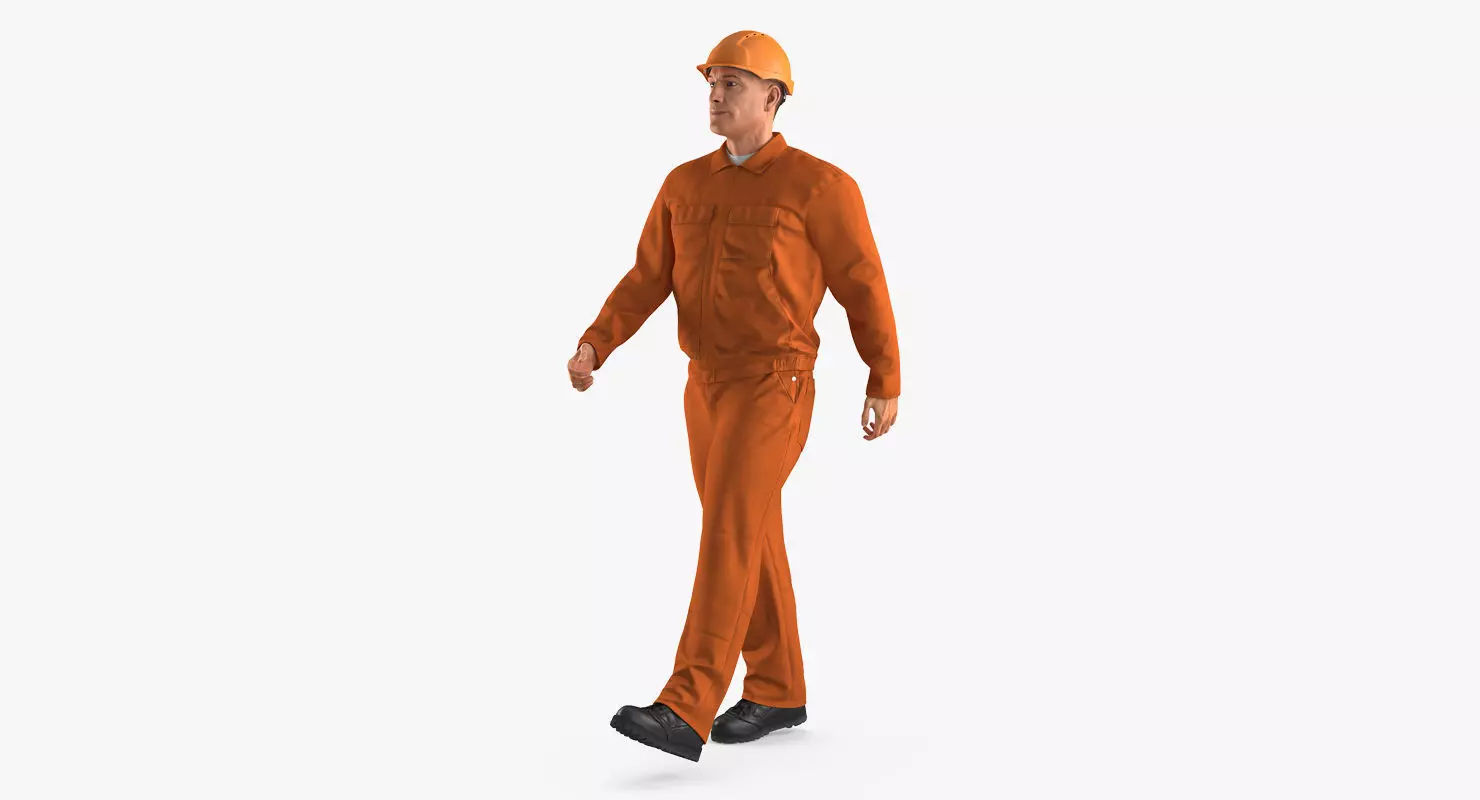Worker Orange Uniform with Hardhat Walking Pose 3D model