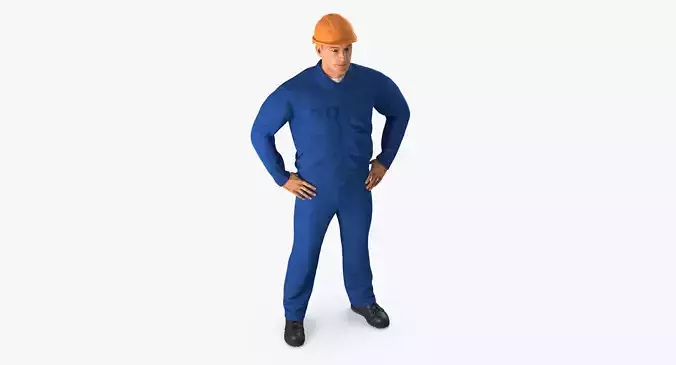 Construction Worker Blue Overalls with Hardhat Standing Pose