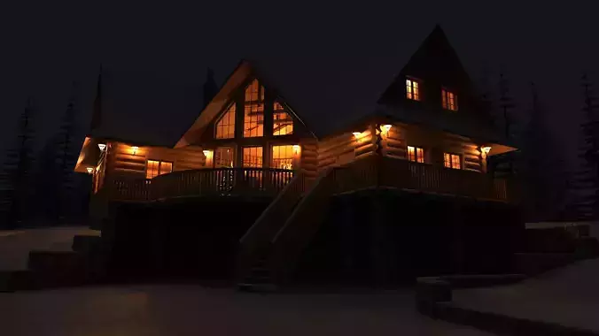 Log House with garage Winter scene