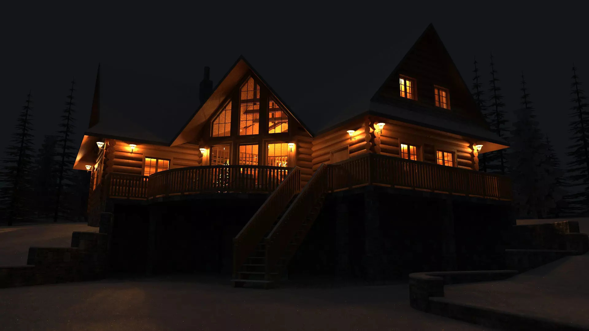 Log House with garage Winter scene 3D model_0